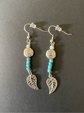 Handmade Silver Leaf Drop Earrings with Turquoise Beads